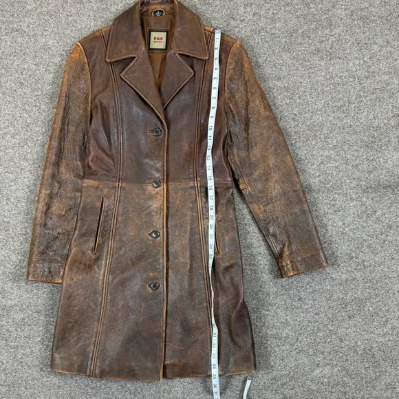 R&O Brand Brown Distressed Leather Trench Coat Jacket Womens S Mid-Length Patina - Picture 7 of 8